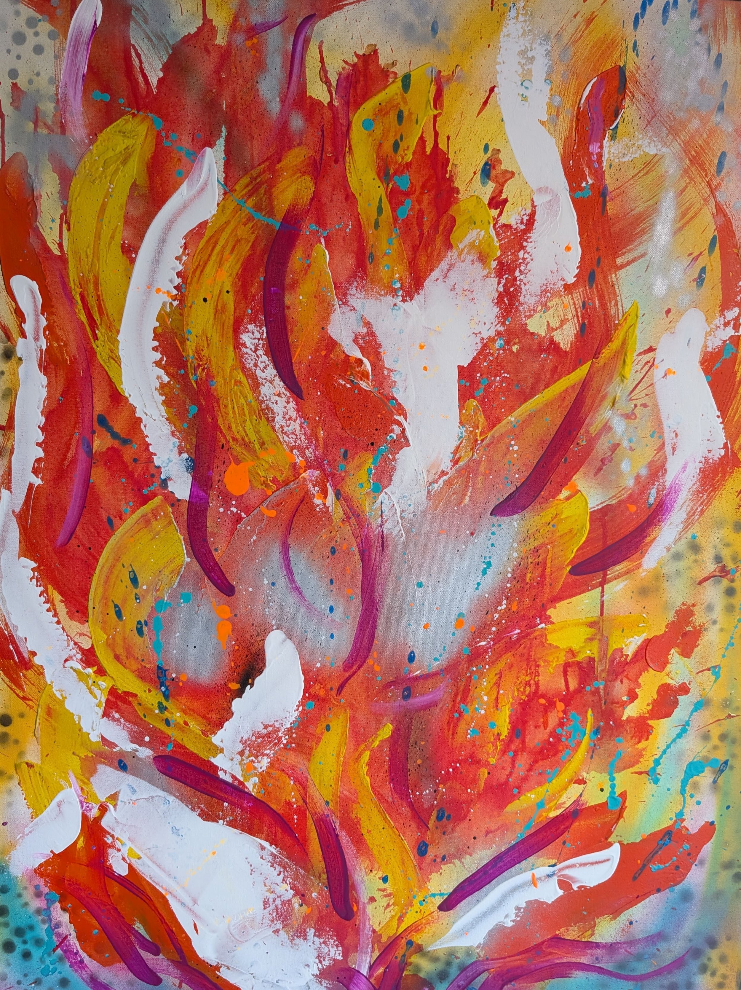 Burning Bush
30in w x 40in l
Fire tones surge; white strokes slice; purple curves thread the heat. This is the God flame wild, alive, and present. Revelation made visible.