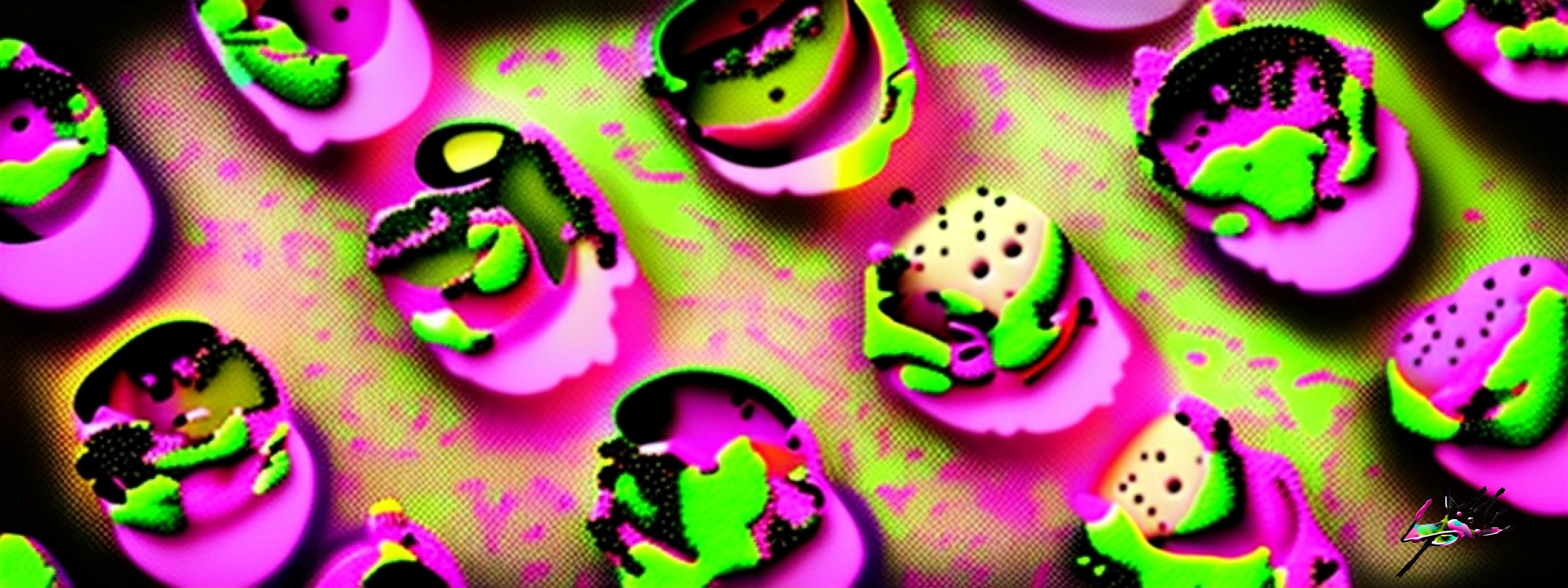 Lit Ice Cream – Comp 2
A grid of neon cravings — pink and green forms repeat like a beat you can taste. Lit Ice Cream – Comp 2 turns dessert into design, remixing scoops into abstract signals that glow across the surface. Dotted textures and irregula