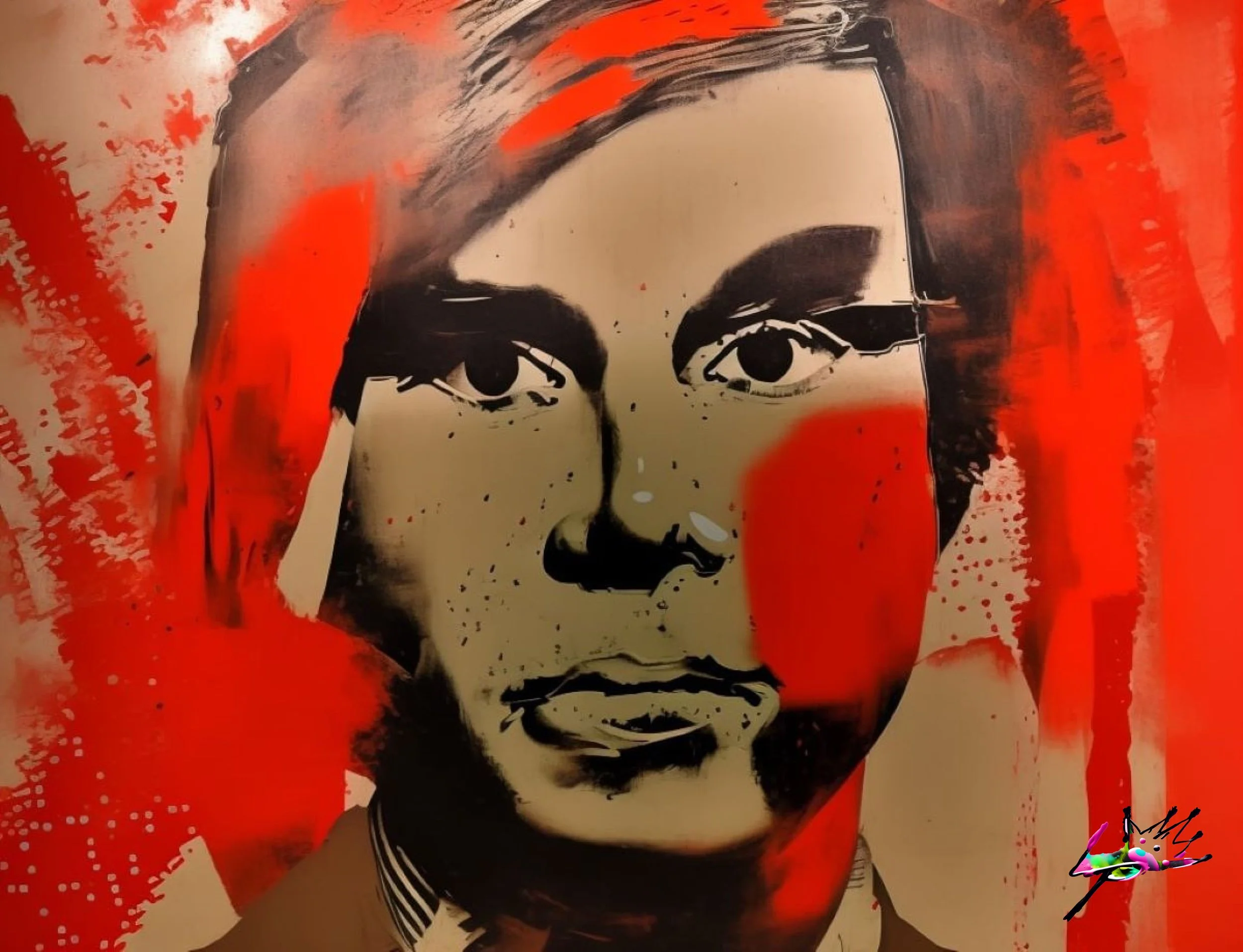 Lit POP Art – Andy – Comp 2
Power meets abstraction in this bold portrait marked by urgency and rebellion. Red bursts over monochrome features like creative defiance exploding from control. Lee transforms Warhol’s passive persona into an active energ