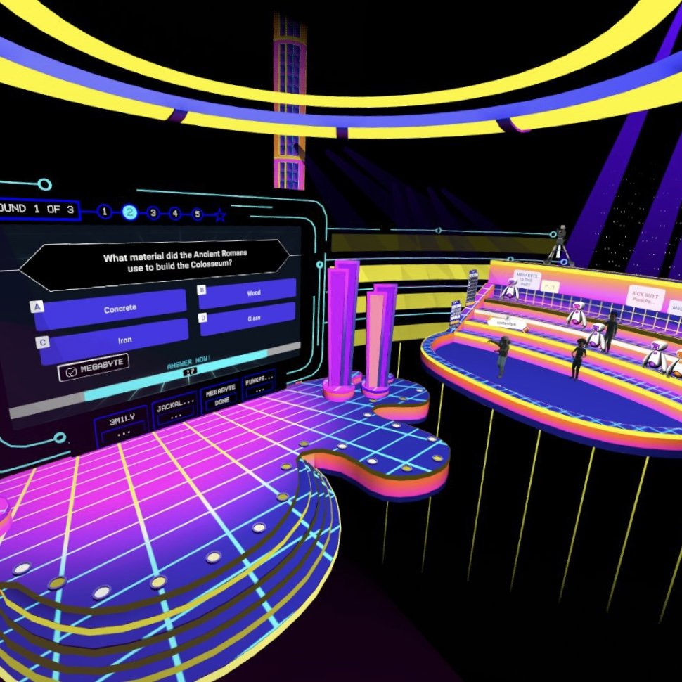 A photo of our virtual quiz show that you can play with your friends! Pit your wits against each other in our VR gameshow with cutting edge interactions in Meta Horizon Worlds.