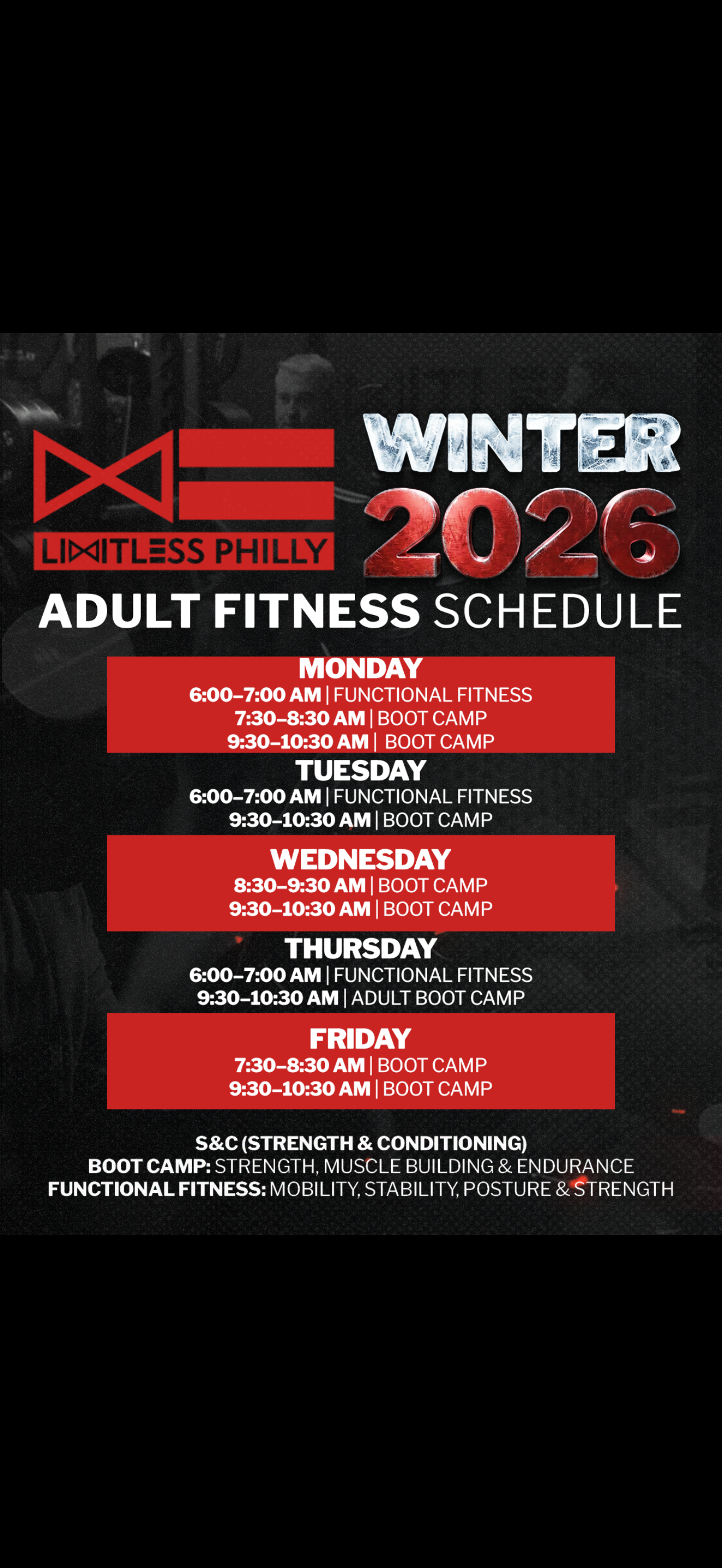Fitness schedule for Limitless Philly Winter 2026: Monday to Friday classes including functional fitness and boot camp sessions, with specified times.