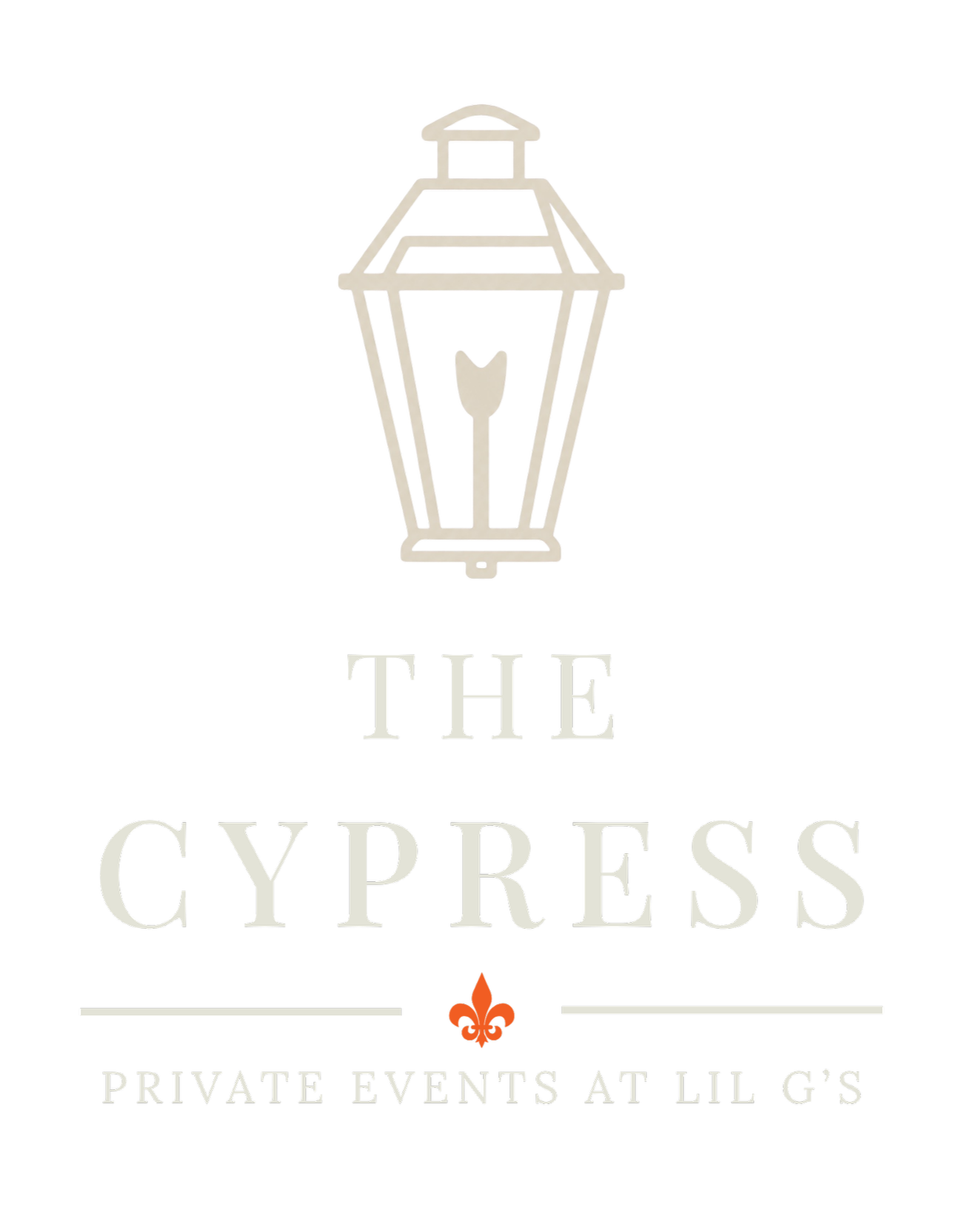 A black poster with a white outline of a lantern, the words "The Cypress" in large font, a small orange fleur-de-lis symbol, and text mentioning private events at Lil G's.