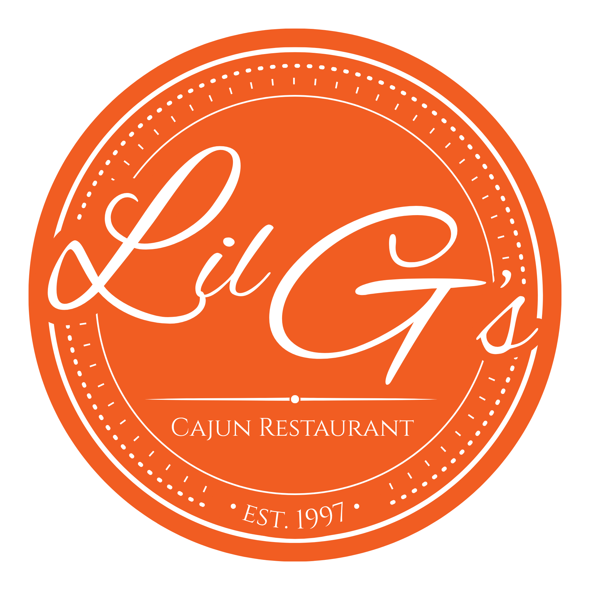 Orange circular logo for a Cajun restaurant with white cursive text and decorative circular borders. EST. 1997