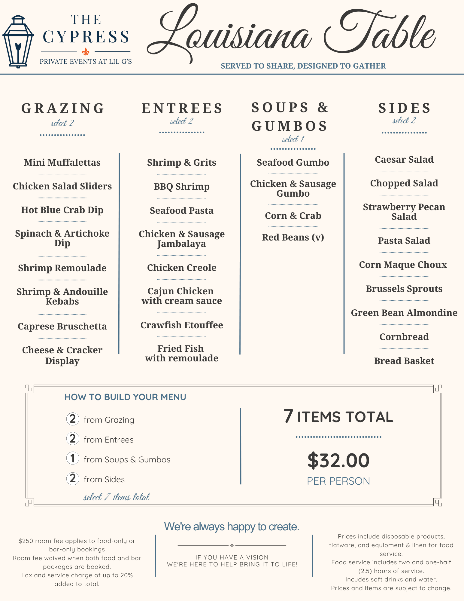 A menu for The Cypress Louisiana Table restaurant featuring sections for Grazing, Entrees, Soups & Gumbos, and Sides, with options and prices listed.