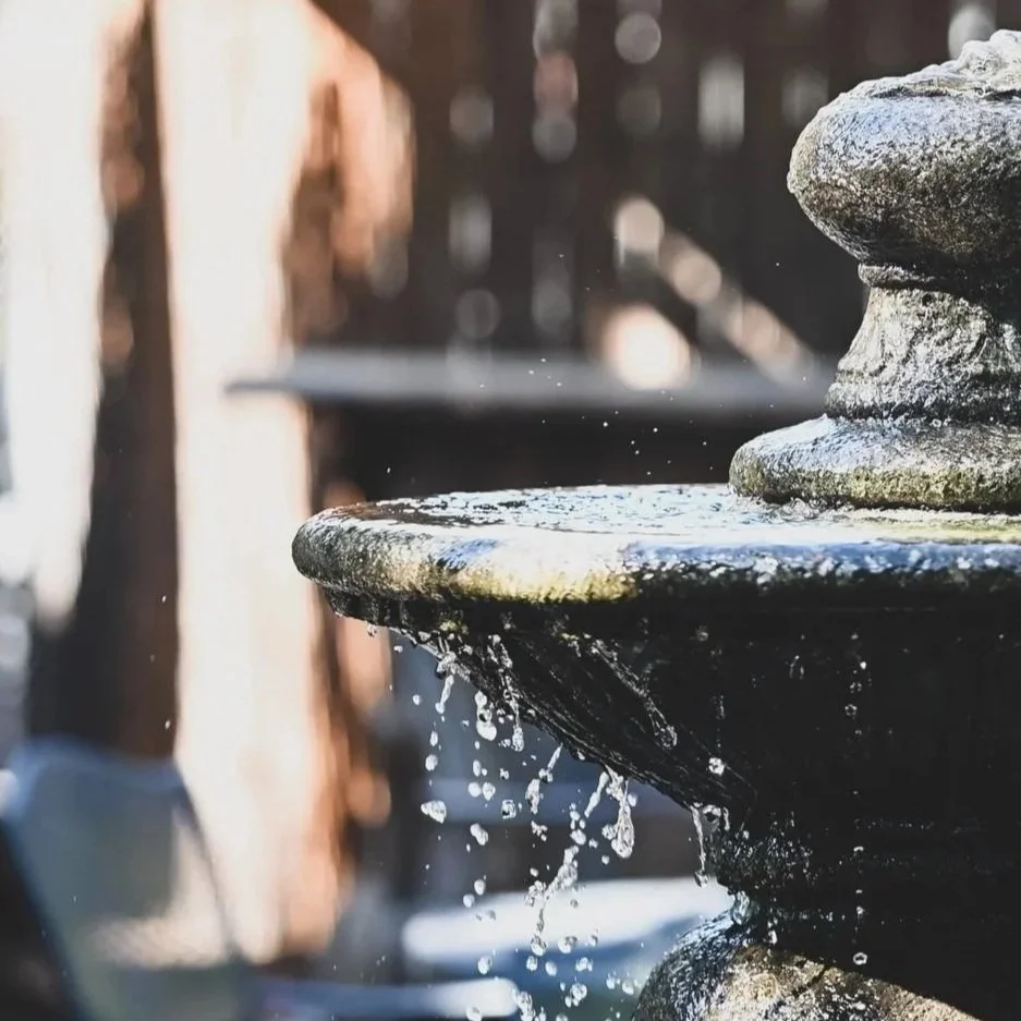 Close-up of a stone fountain with water dripping from its edge, outdoor setting with blurred wooden fence and sunlight in the background.