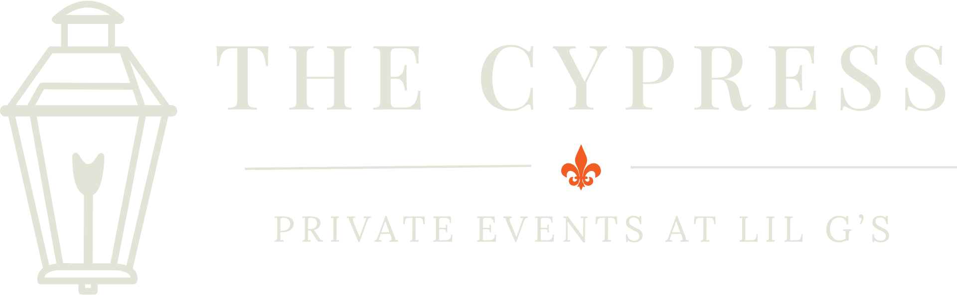 Logo for The Cypress, private events at Lil G's, featuring a stylized lantern with a fork inside and a fleur-de-lis symbol.