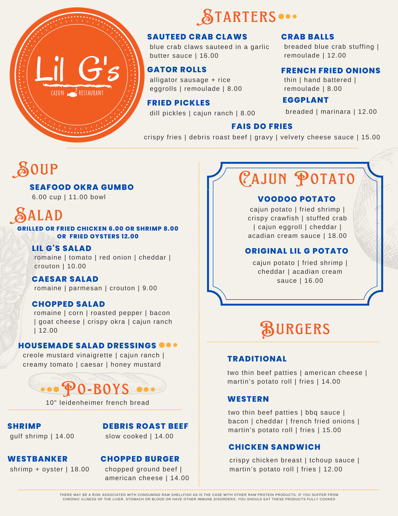 Restaurant menu featuring starters, soups, salads, po-boys, burgers, chicken sandwiches, seafood, and desserts with prices.