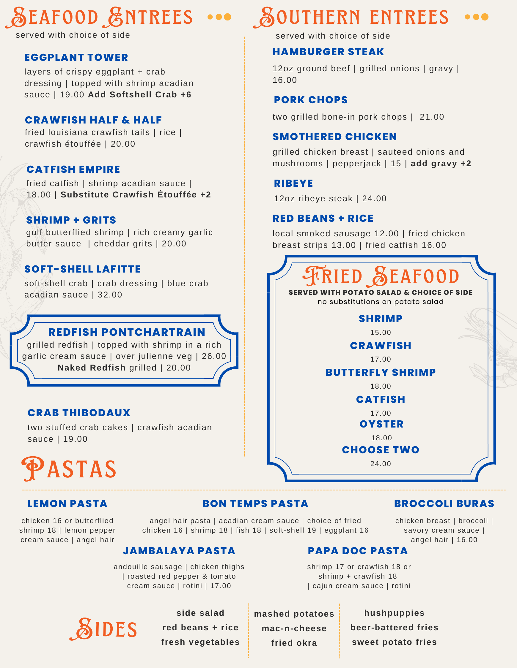 A menu featuring seafood and entrees, including eggplant tower, crawfish, catfish, shrimp, fried seafood, pasta dishes, and side options, with prices listed for each dish.