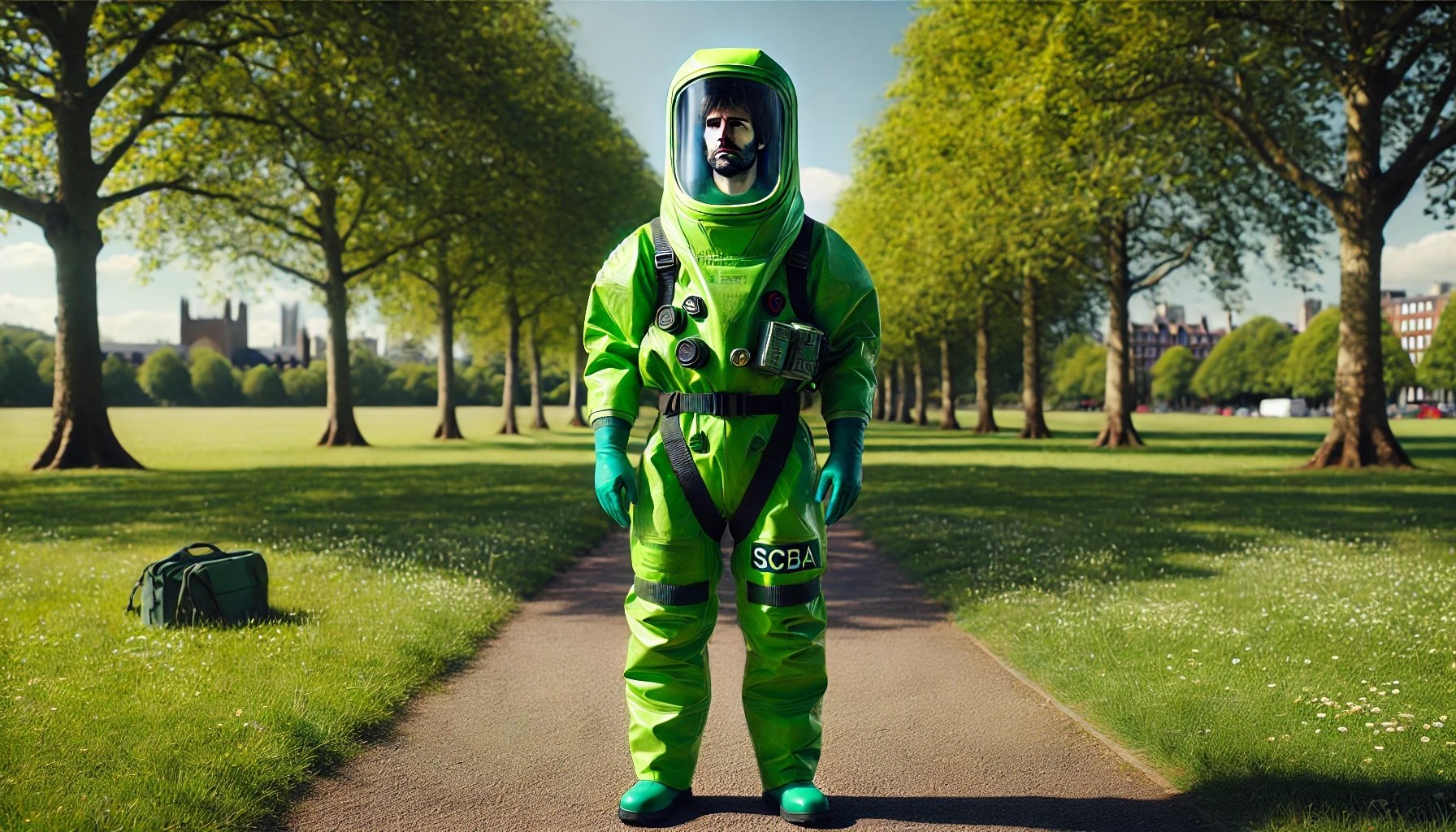 DALL·E 2025-03-27 10.24.40 - A person stands confidently in a bright green Level A hazmat suit, fully encapsulated with SCBA gear enclosed inside. The figure appears calm and prof.jpeg