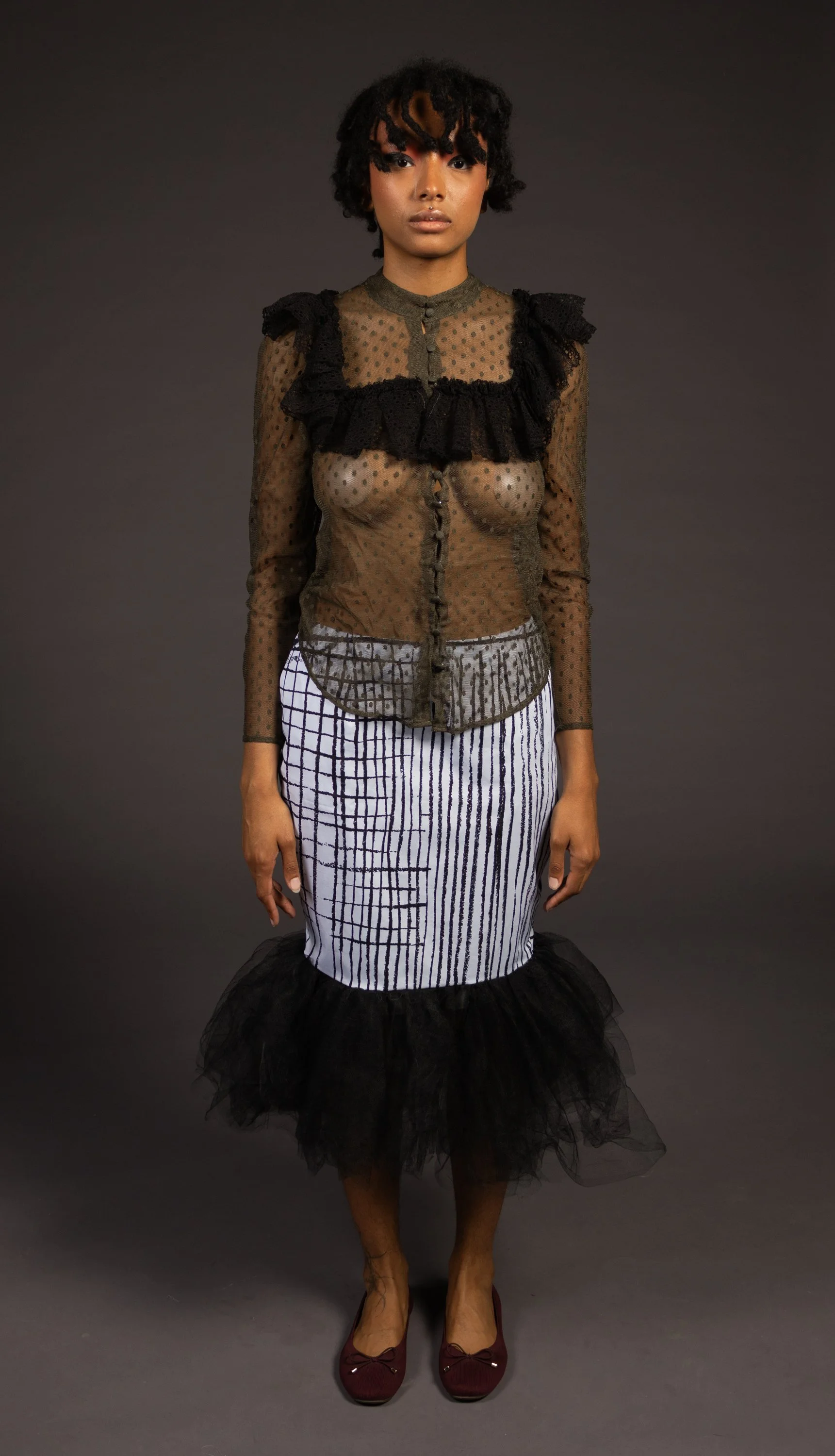 cotton pencil skirt with print using pigment, tulle ruffle, over-dyed shirt (bought), 2026