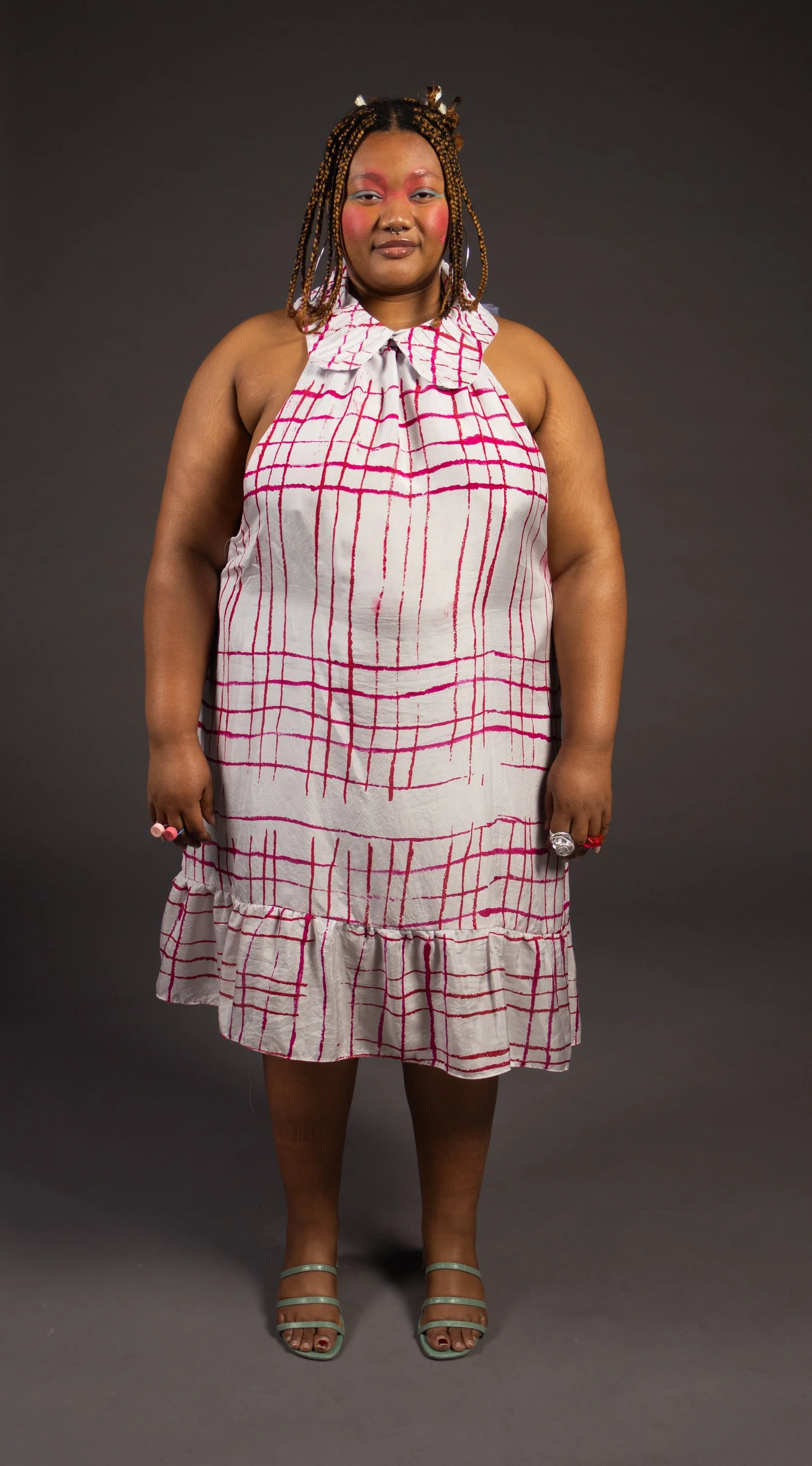 Silk dress with custom dye and print, tulle accents, 2026