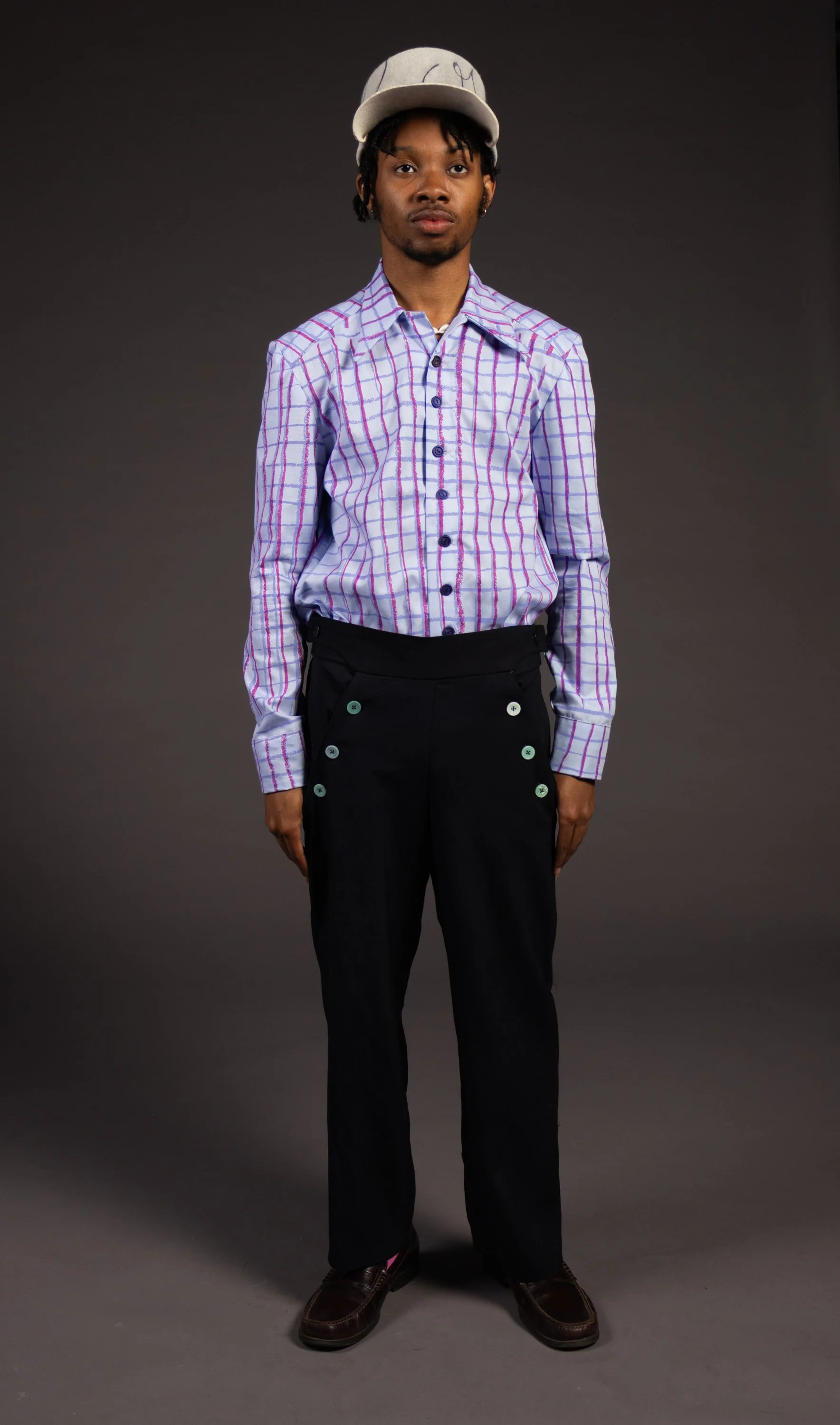 Cotton shirt with print using pigment, pleated wool pants, custom dyed socks 2026