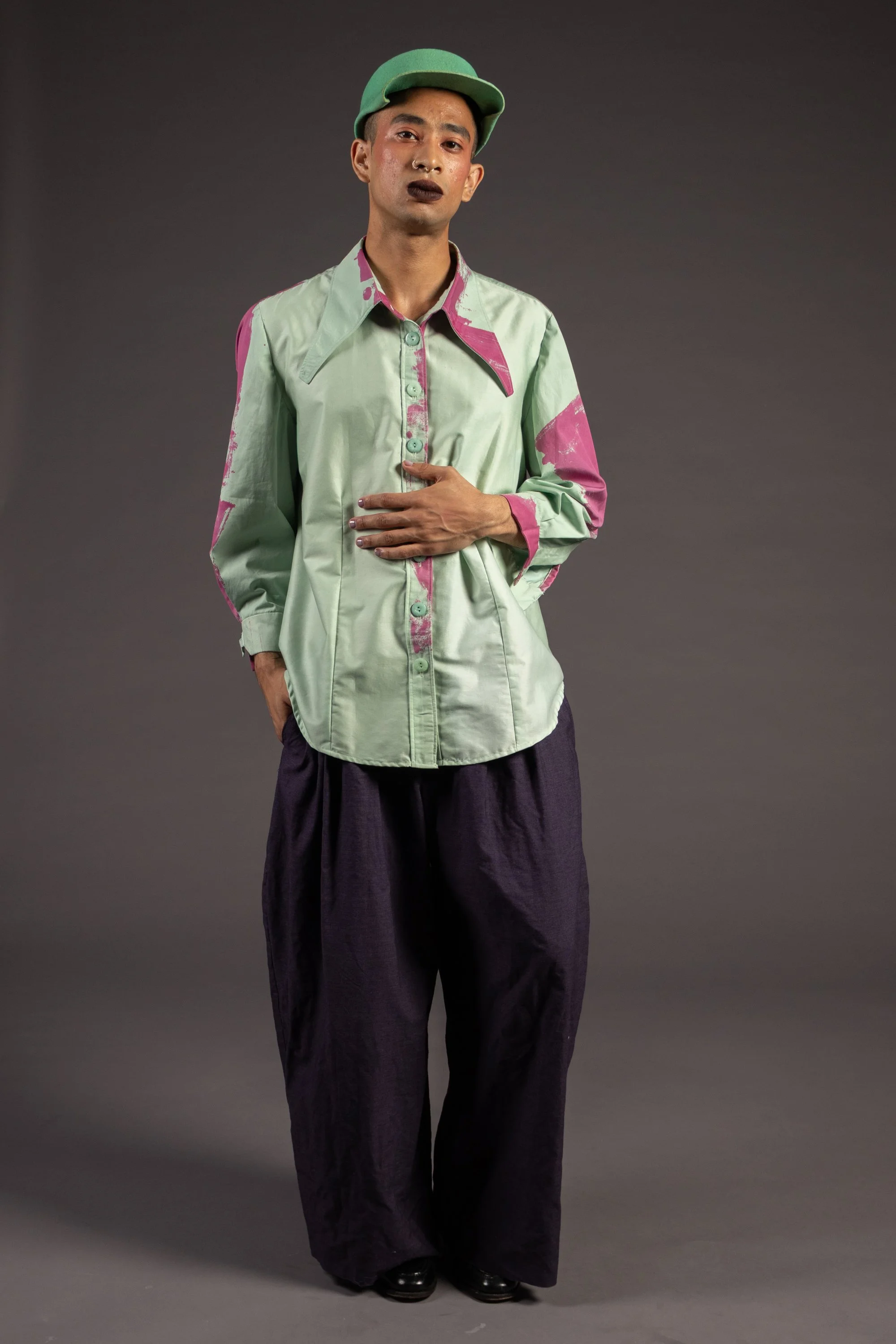 Cotton shirt with custom dye and print, pleated cotton pants, 2026

