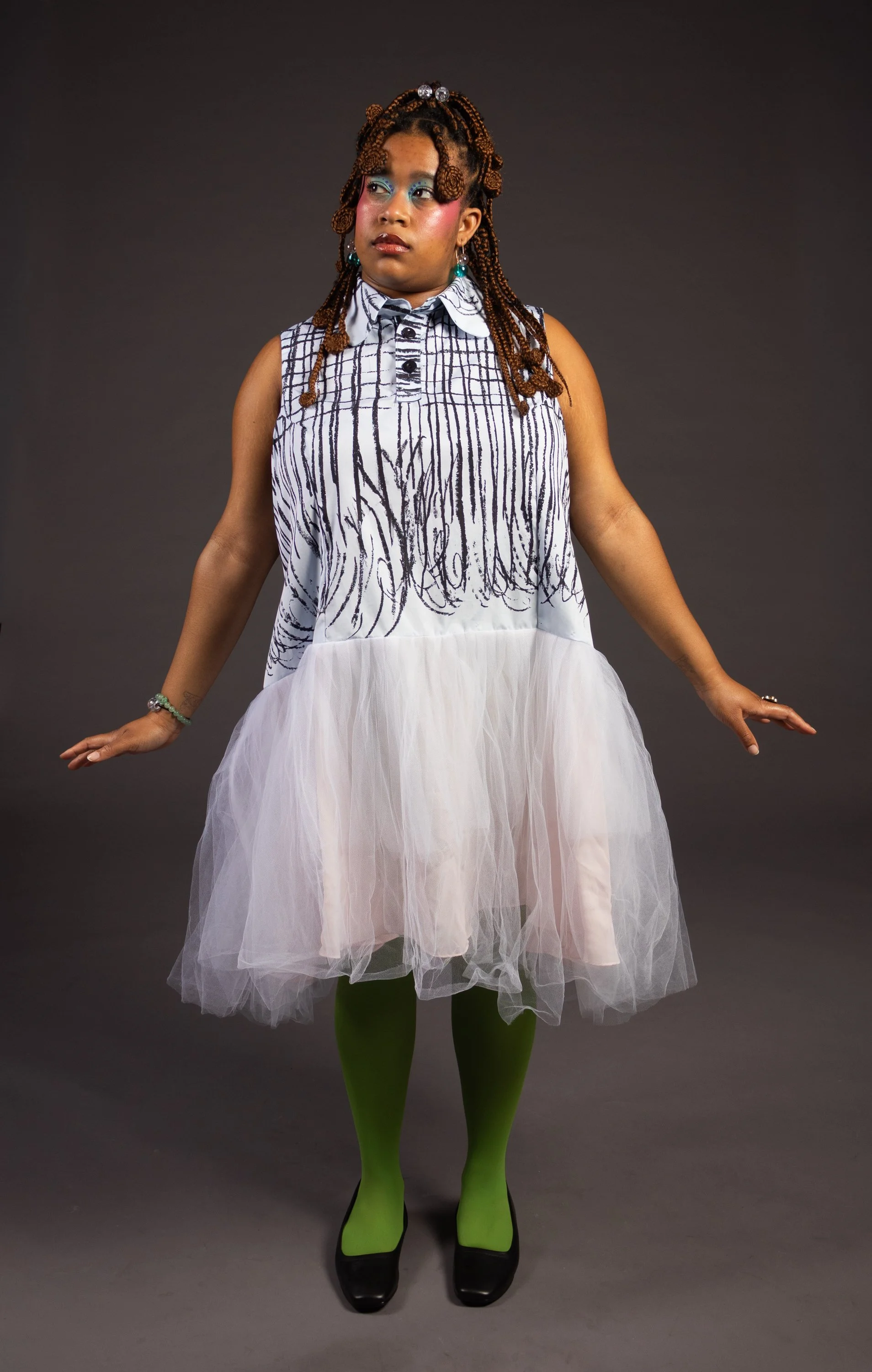 cotton and tulle dress with print using pigment,  custom dyed nylon tights, 2026