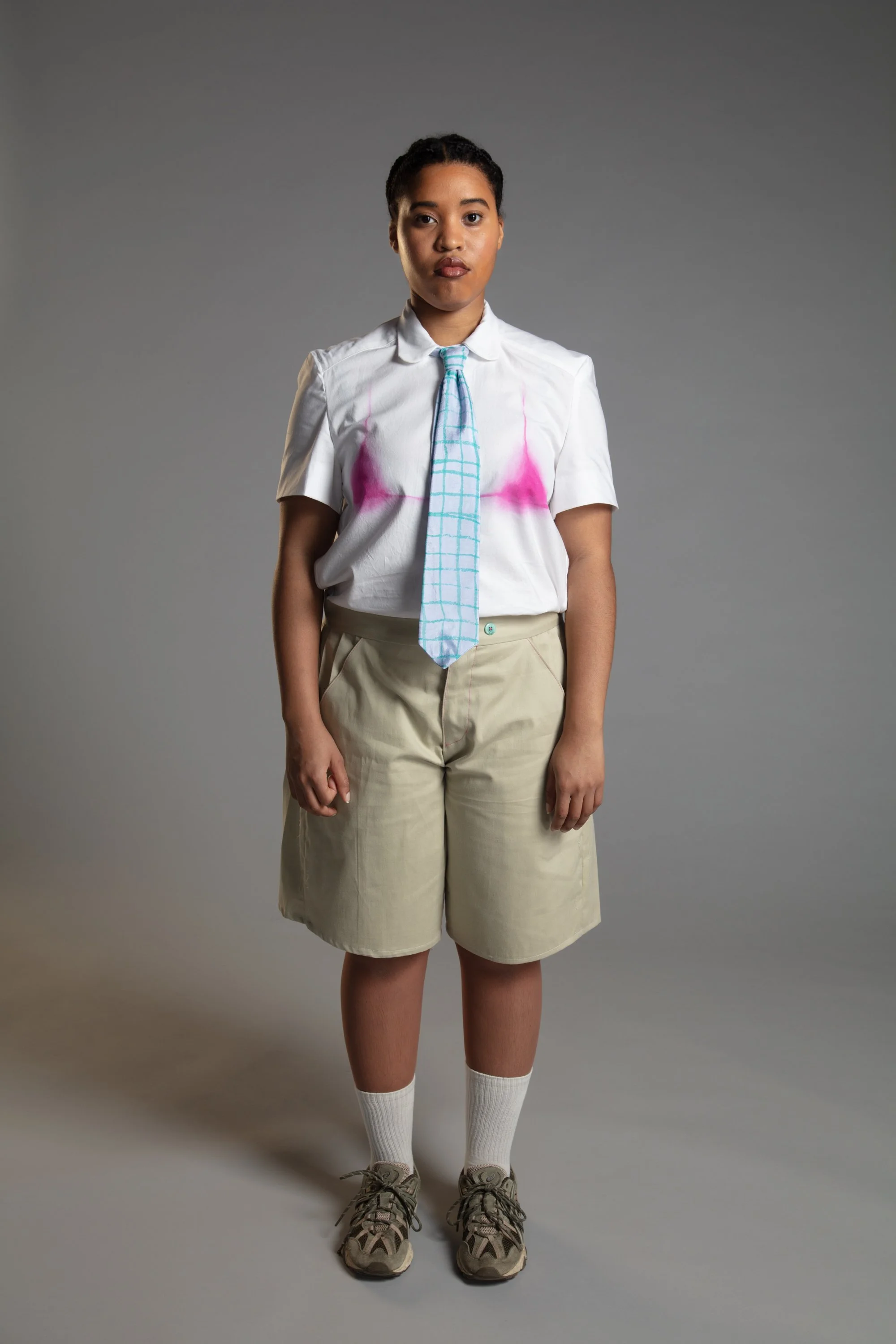 Cotton with hand painted bikini print, hand printed silk tie with cotton backing, pleated khaki shorts (cotton deadstock), 2026