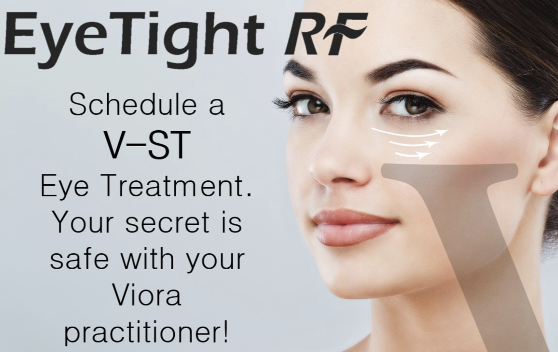 Advertisement for eyelid treatment with a woman showing her face and a diagram of the eye area highlighting the treatment area.