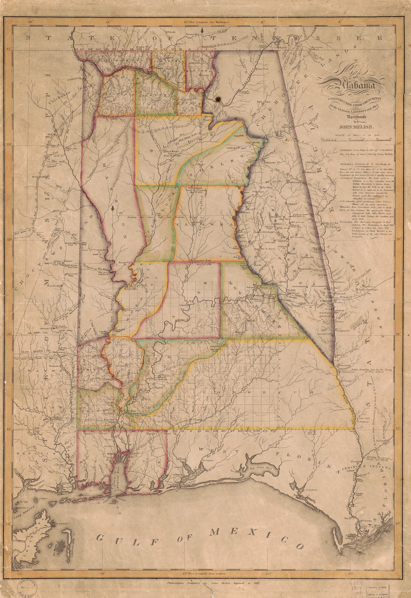 Following the signing of the Treaty of Fort Jackson in 1814, which forces the Muscogee (Creek) Nation to cede 23 million acres of their land to the United States government (including much of what is now Alabama), white settlers arrive in the territo