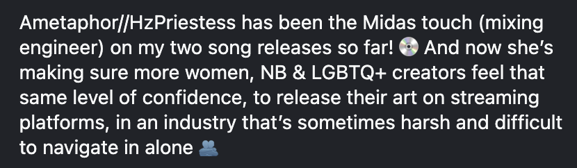 Screenshot of continued Instagram caption by user novaladee, praising Ametaphor//HzPriestess for her influence on music and empowering women and LGBTQ+ creators in the industry.