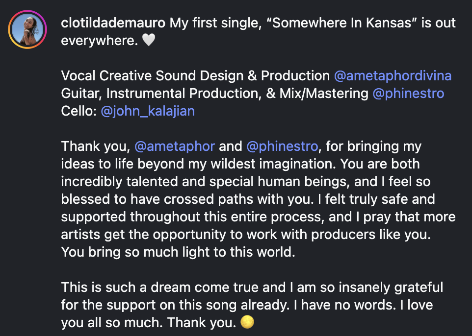 Screenshot of an Instagram post by user clotildademauro, announcing the release of her first single, "Somewhere In Kansas." The post contains a message expressing gratitude to collaborators and supporters, with no specific visual content described.