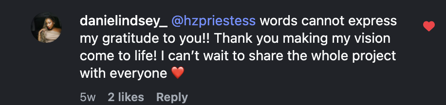 Instagram comment expressing gratitude and excitement for sharing a project.