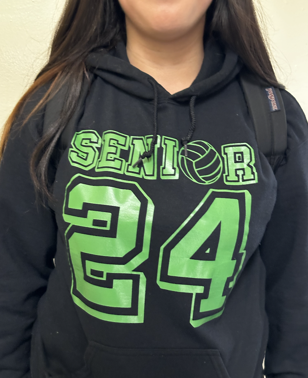 Black hoodie with a bright green "Senior 24" print