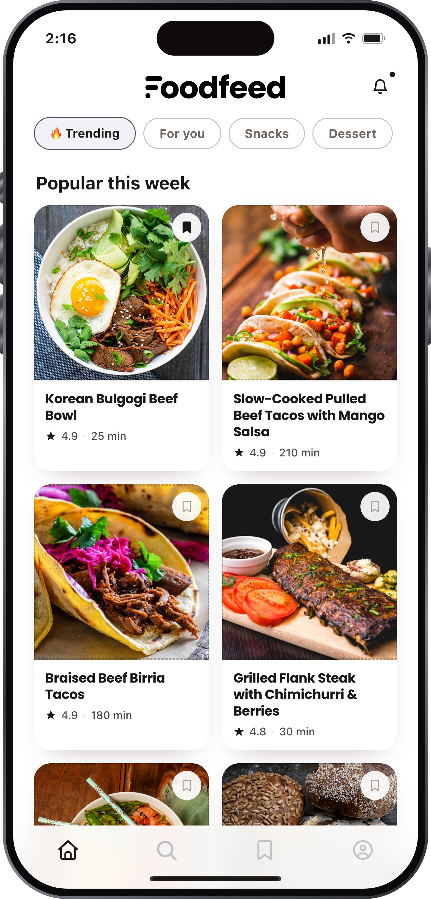 Foodfeed home screen showing popular recipes this week