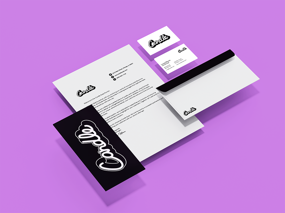 Candle stationery set with letterhead, envelope and business cards on purple