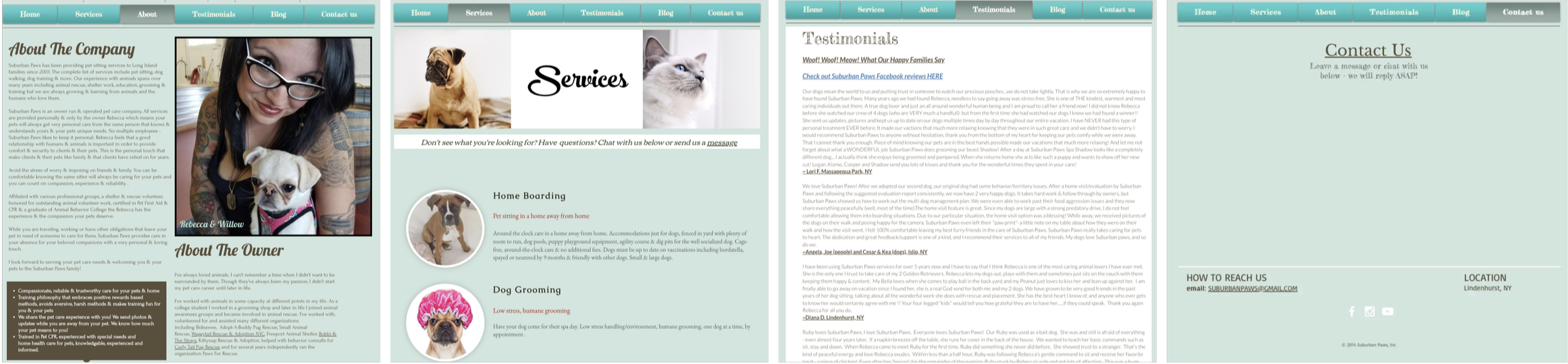 Screenshots of the original Suburban Paws website pages reviewed during research