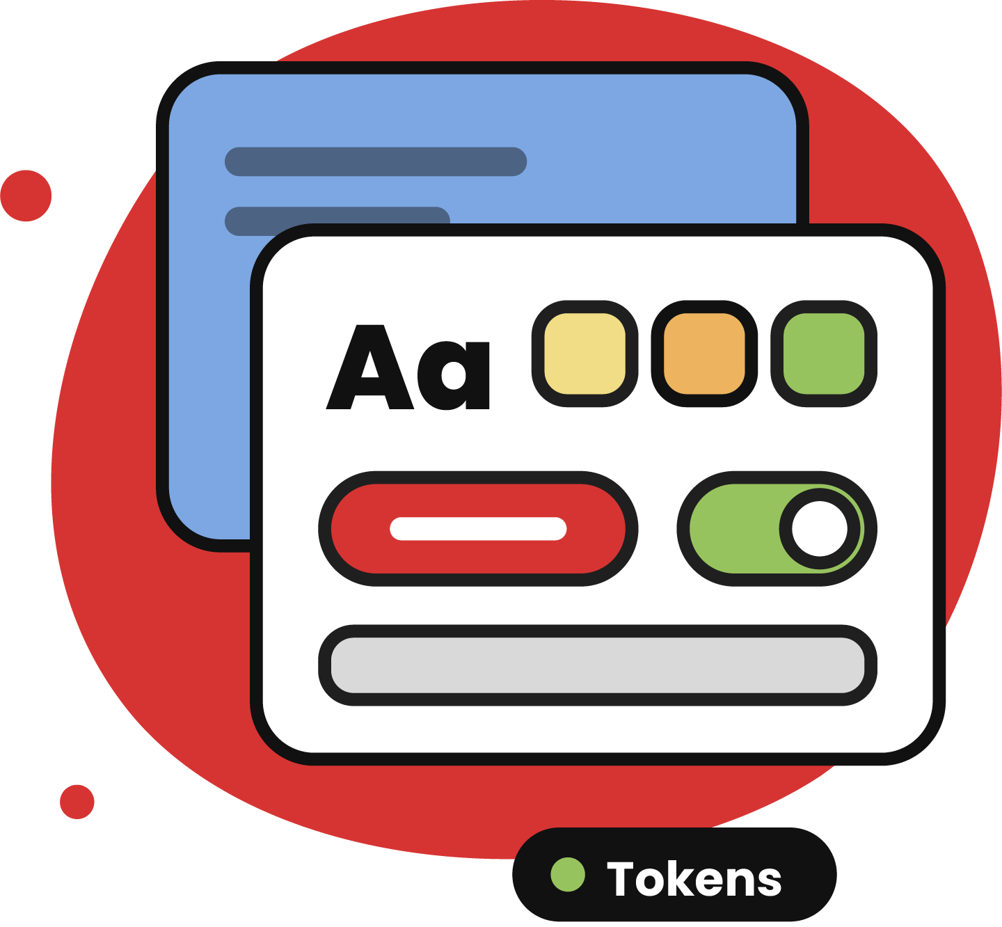 Illustration of UI components (type, color swatches, buttons and toggles) with a "Tokens" badge