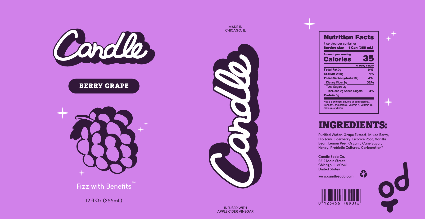 Flat can label design for Candle Berry Grape soda with nutrition facts