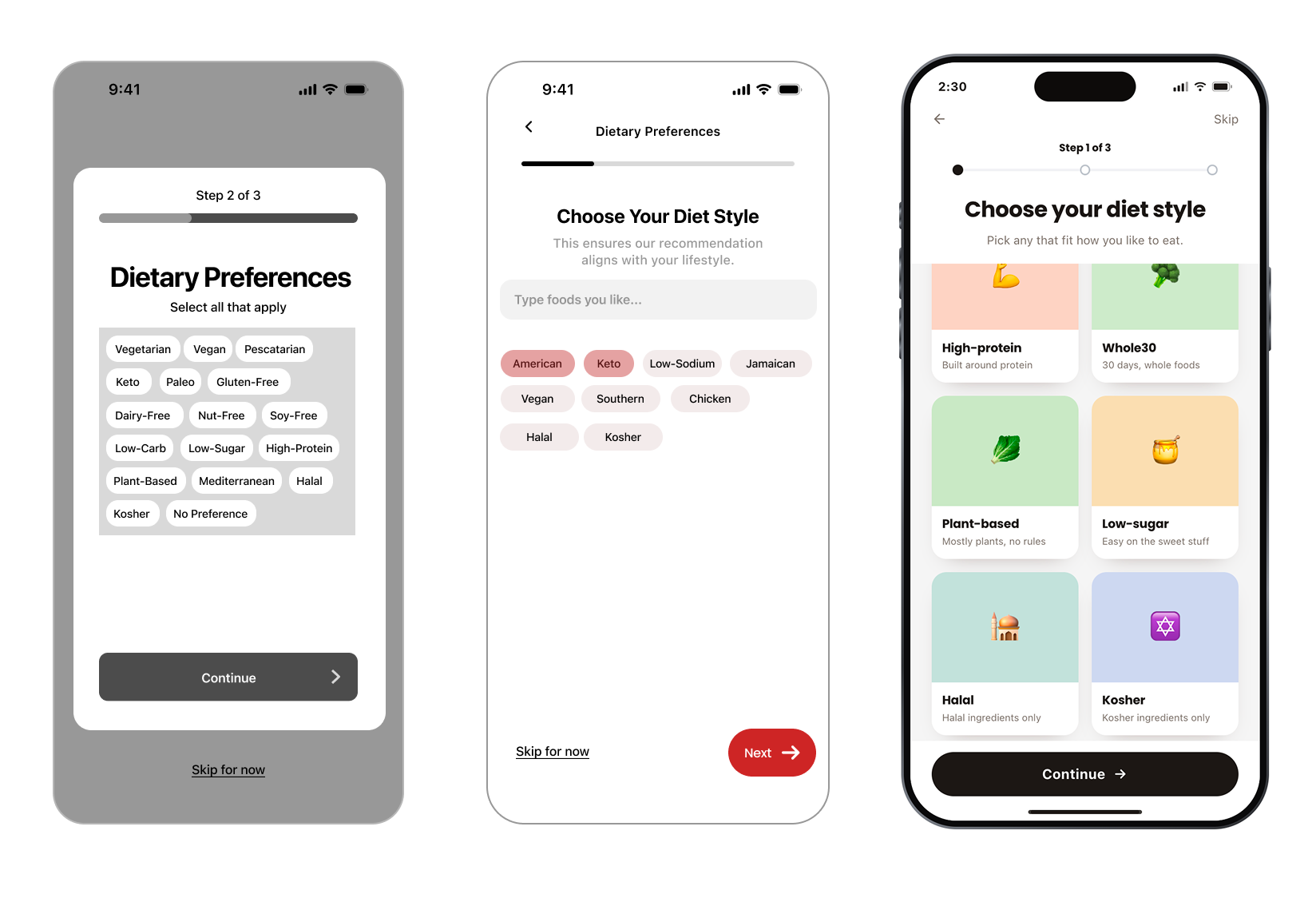 Three iterations of the Foodfeed diet style screen, from wireframe to final design