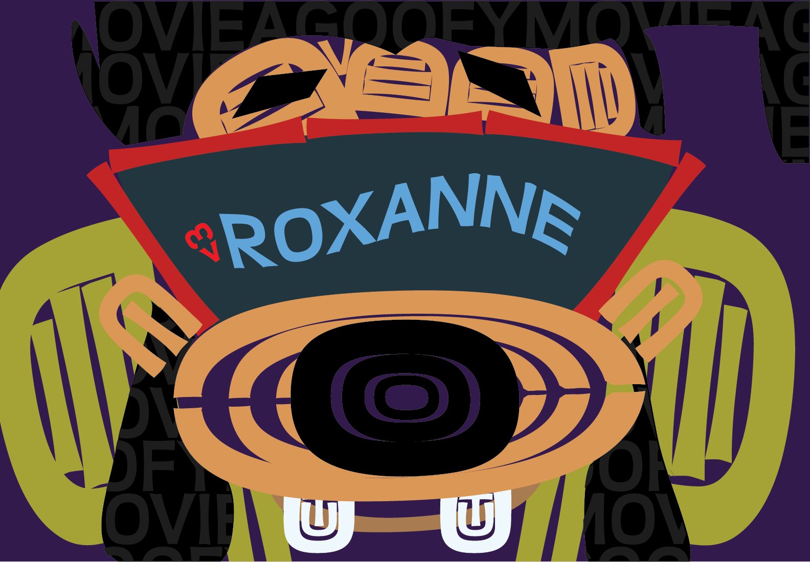 Bold geometric illustration of a sign reading "Roxanne," inspired by A Goofy Movie