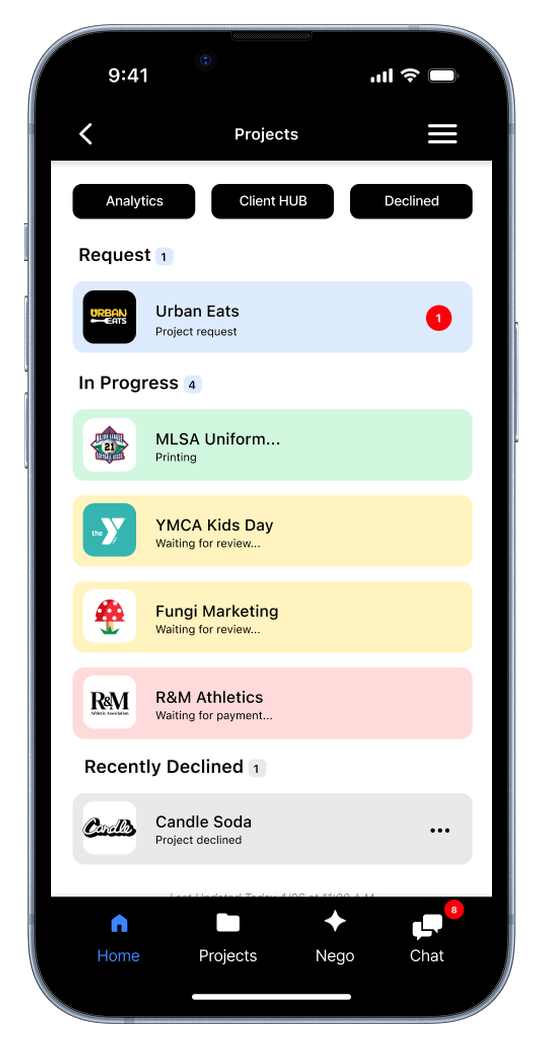 Nego projects screen with requests, in-progress, and declined work color-coded by status.