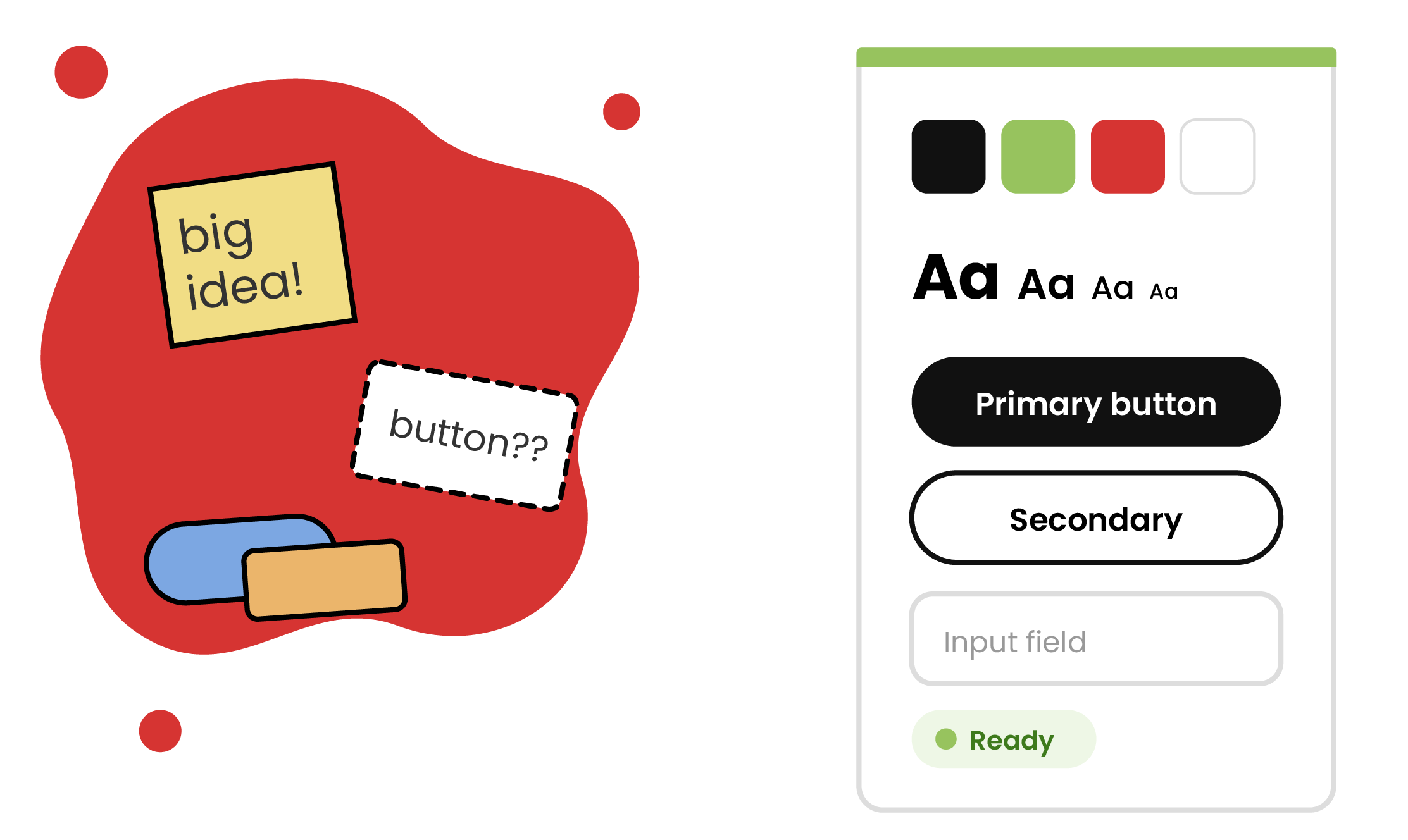 Diagram: a messy red blob of sticky notes and rough buttons, with an arrow pointing to a tidy UI kit card of colors, type sizes, buttons, and an input field