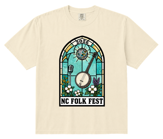 Cream NC Folk Fest tee with a large stained-glass banjo graphic