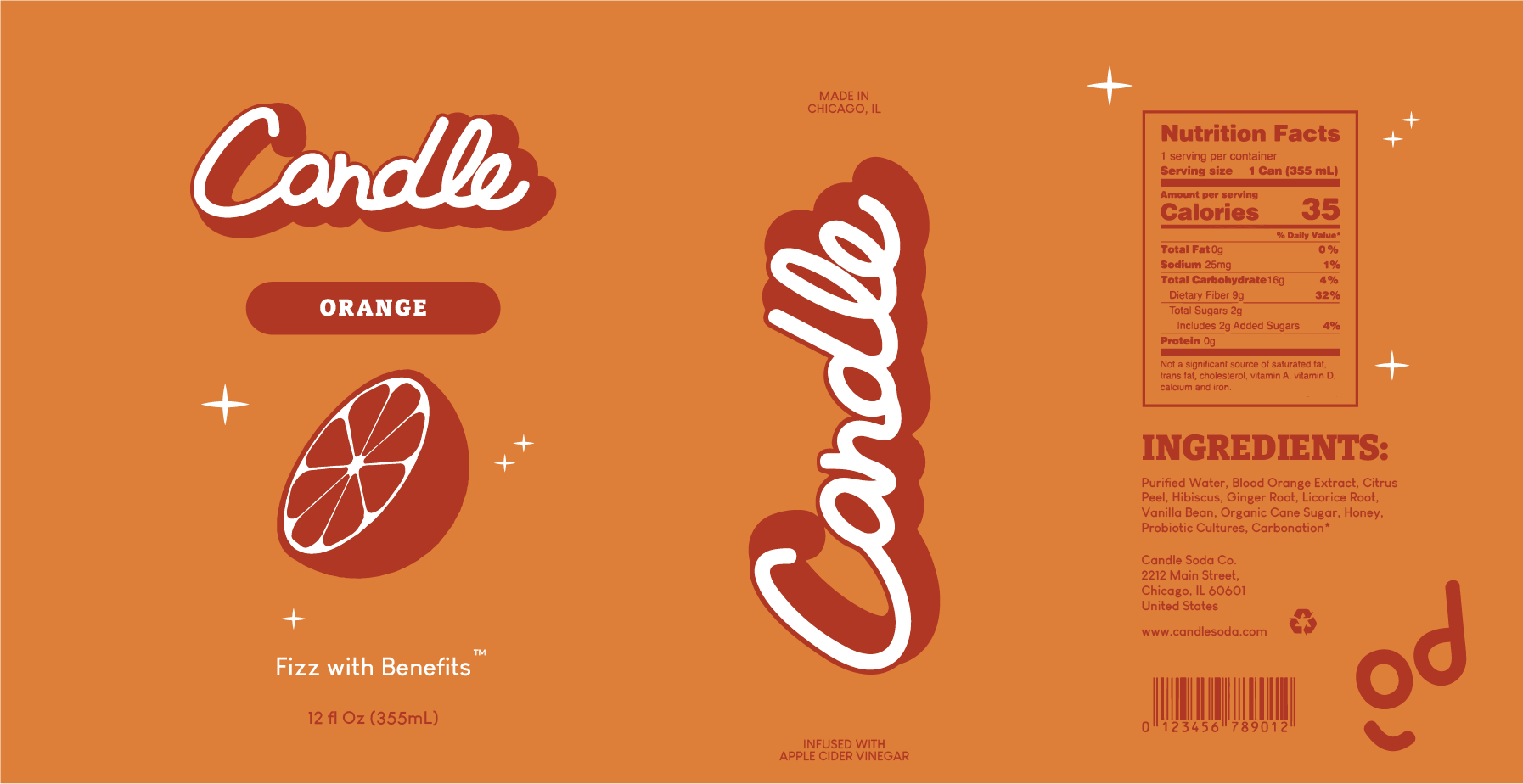 Flat can label design for Candle Orange soda with nutrition facts