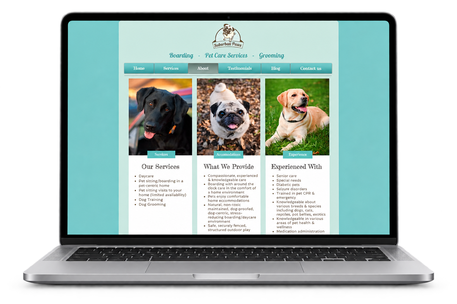 Laptop showing the original Suburban Paws website the team tested: an About page with three dog photos above dense columns of service text.
