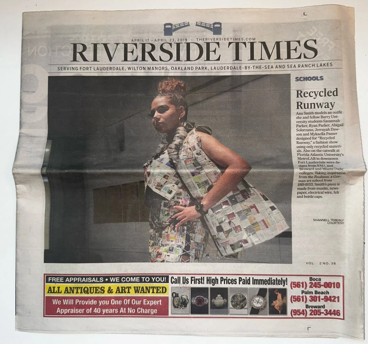 Riverside Times newspaper featuring a model in a printed recycled-runway outfit