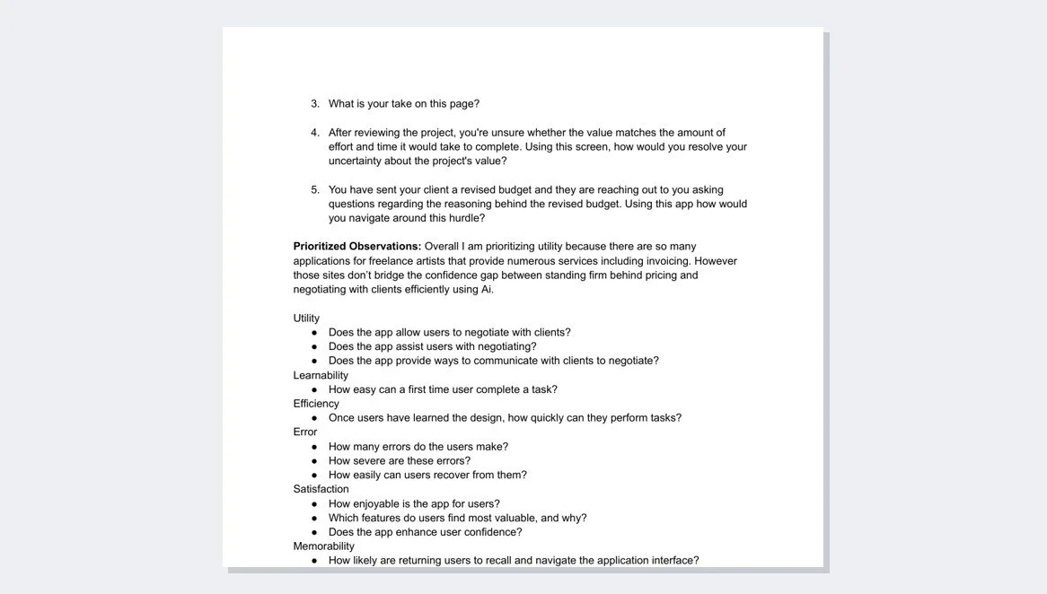 Nego usability test plan listing interview questions grouped by utility, learnability, efficiency and satisfaction