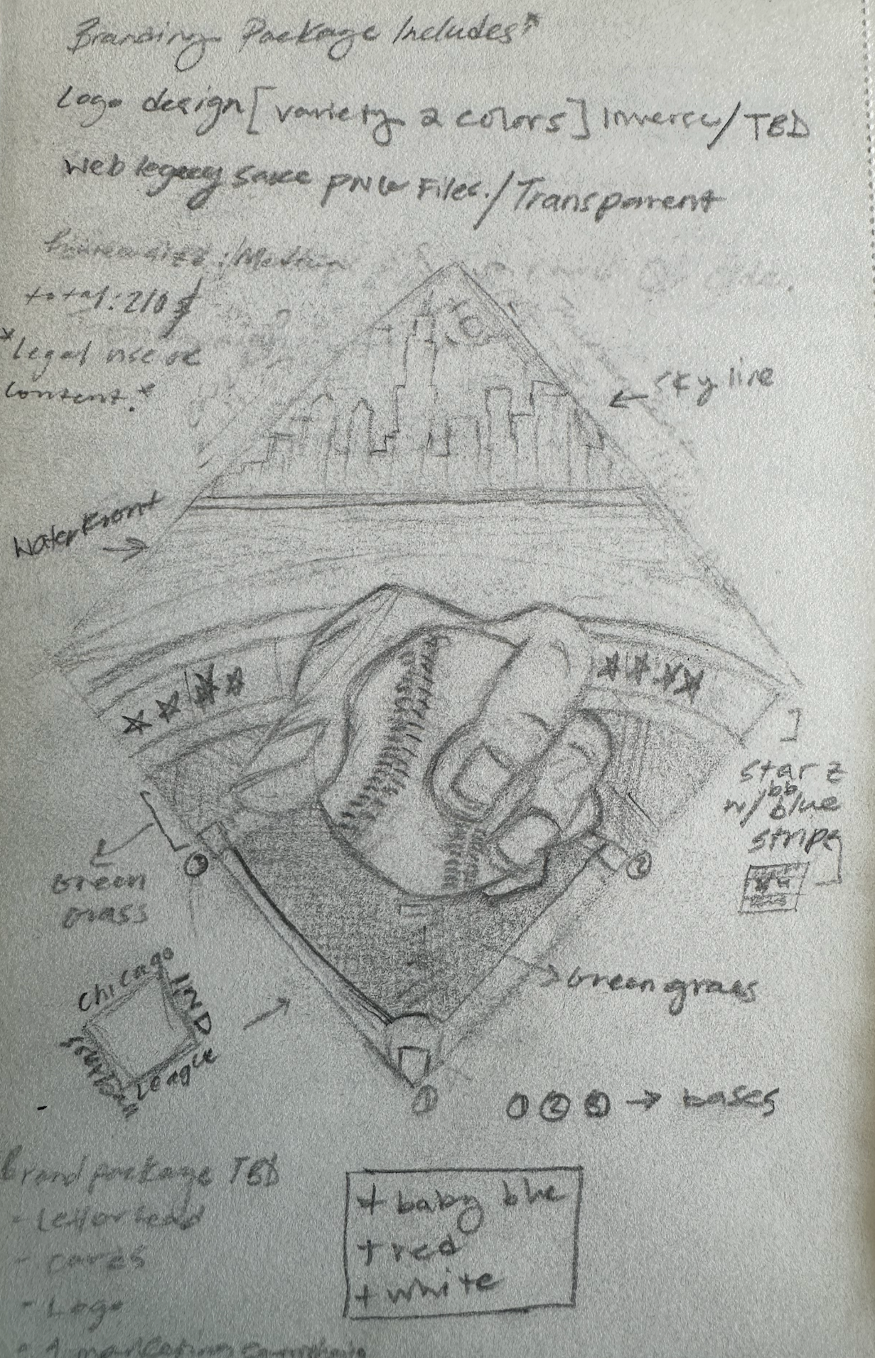 Pencil sketch exploring an MLSA patch layout with handwritten notes
