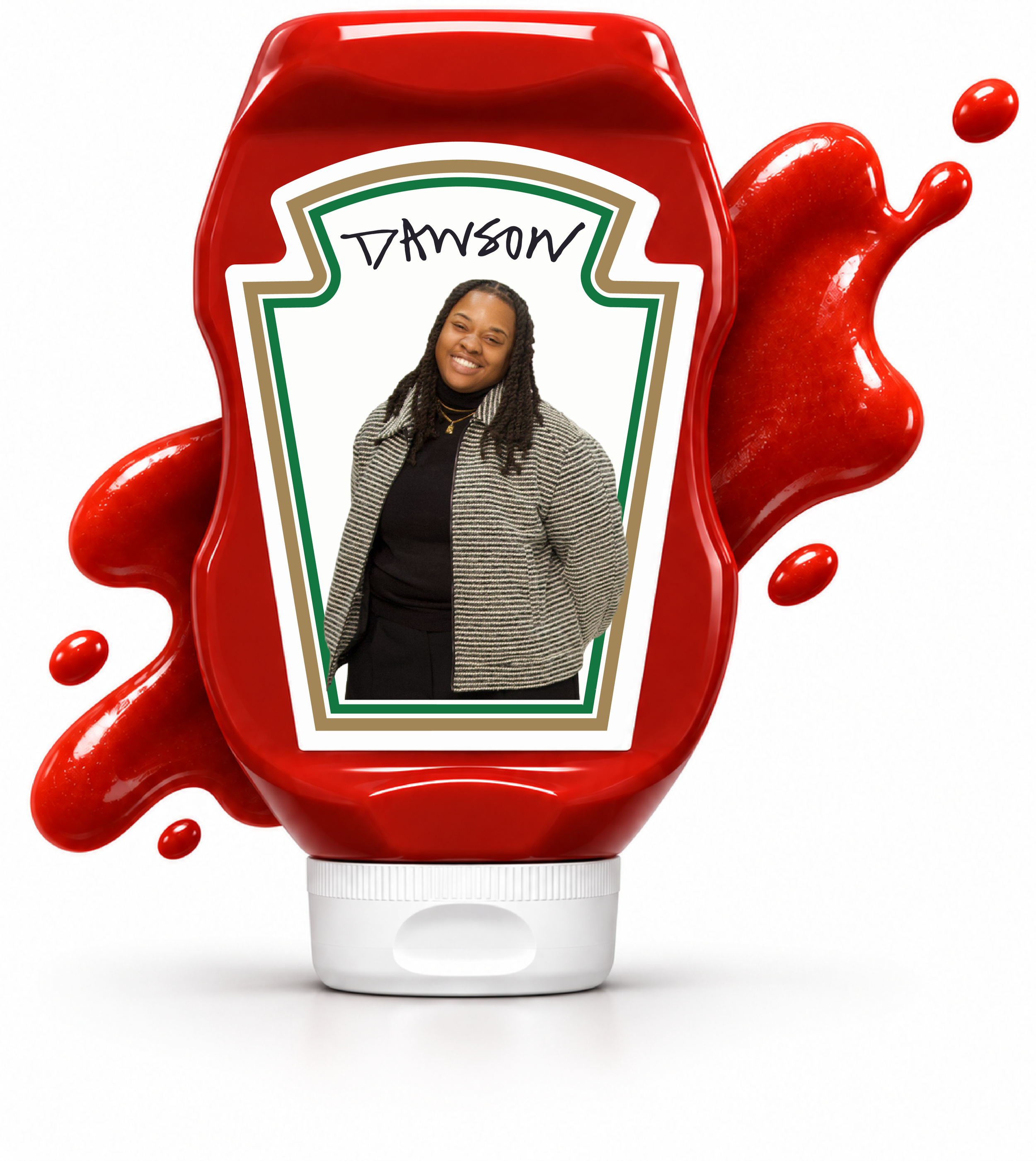 Ketchup bottle with a Dawson label featuring a portrait of Dawson, surrounded by ketchup splashes