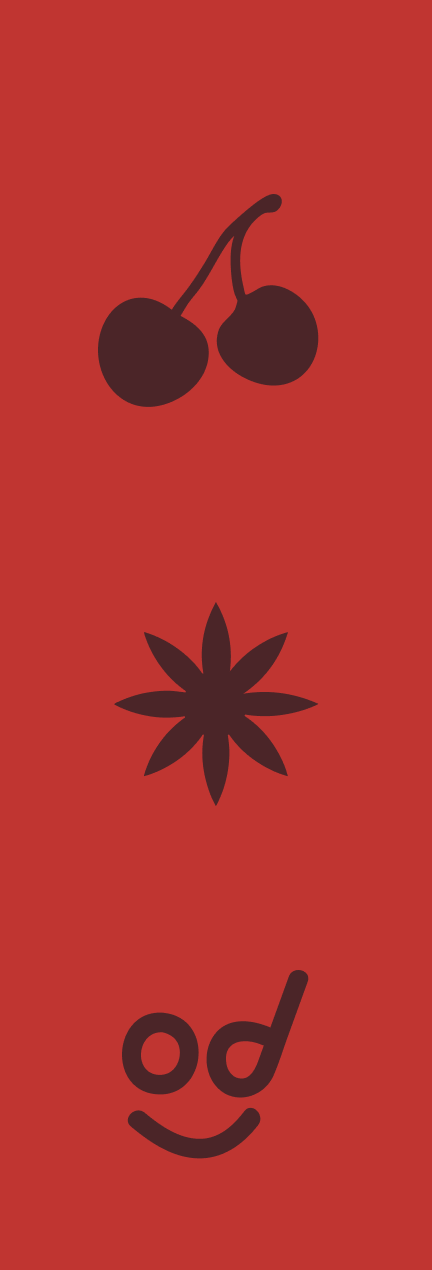 Cherry cola flavor panel with cherry, star anise and smiley icons on red