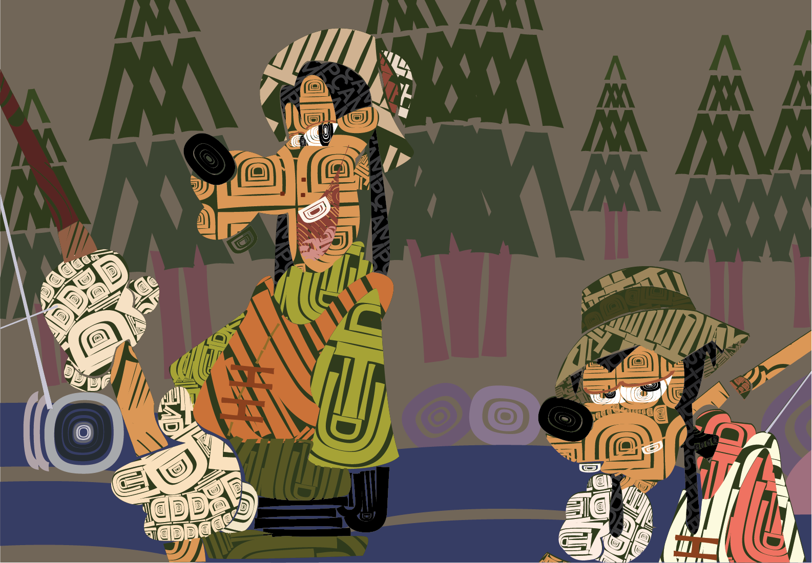 Geometric, patterned illustration of two cartoon characters fishing in a forest, inspired by A Goofy Movie