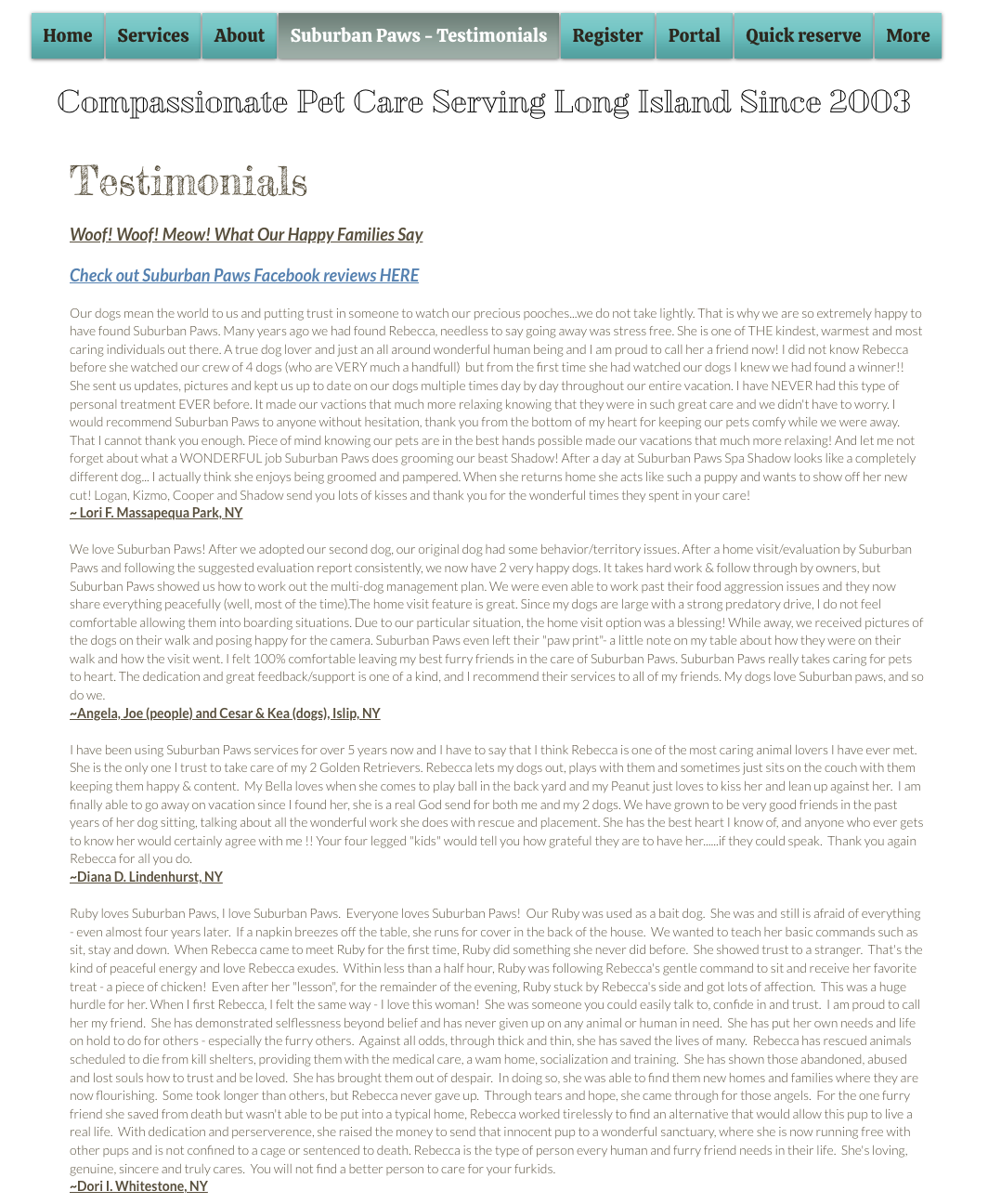 Original Suburban Paws Testimonials page with long blocks of review text
