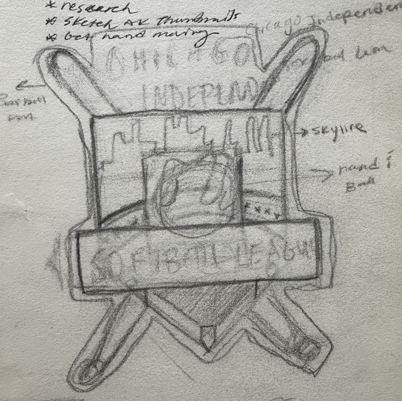 Pencil sketch of a shield-shaped softball league patch with crossed bats