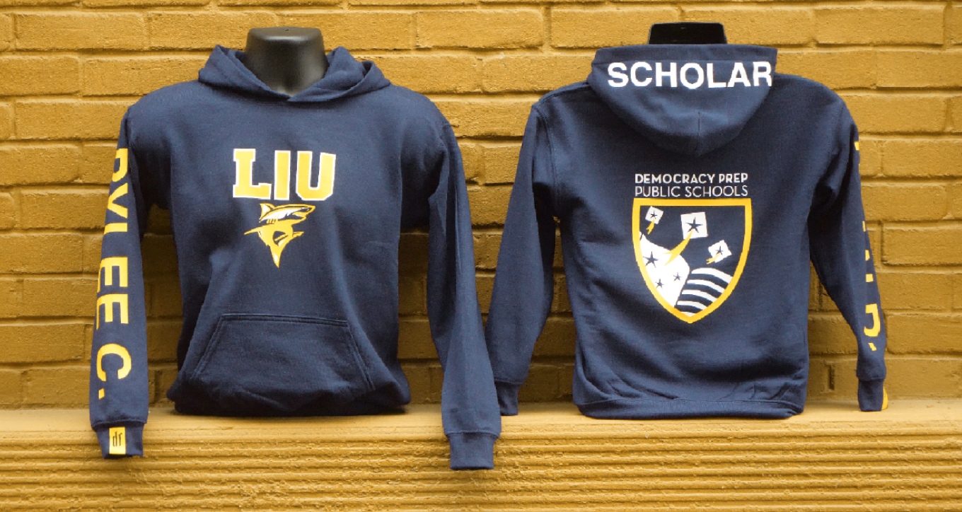 Two navy school hoodies printed with LIU and Scholar crests