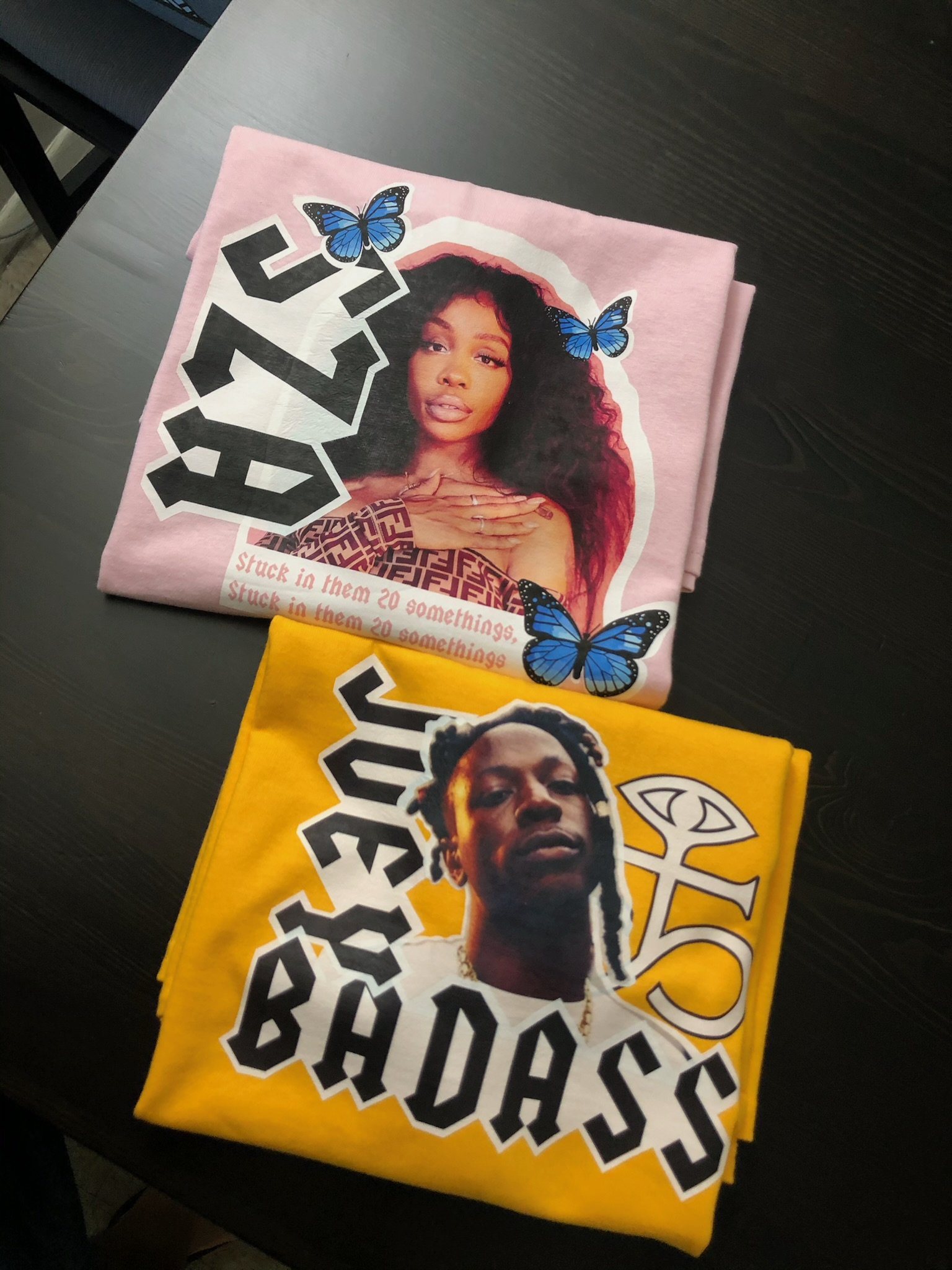 Two custom graphic tees featuring SZA and Joey Bada$$