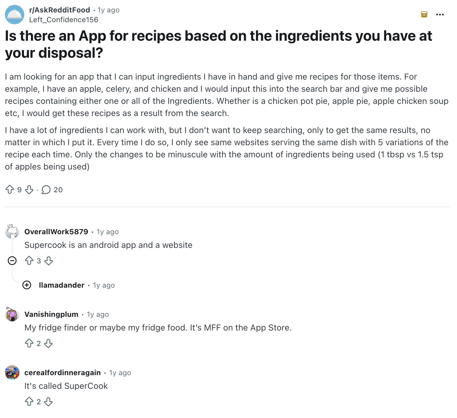 Reddit post asking for an app that suggests recipes based on ingredients you already have, with replies