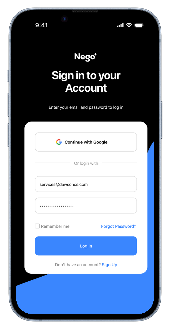 Nego sign-in screen with options to continue with Google or log in with email.