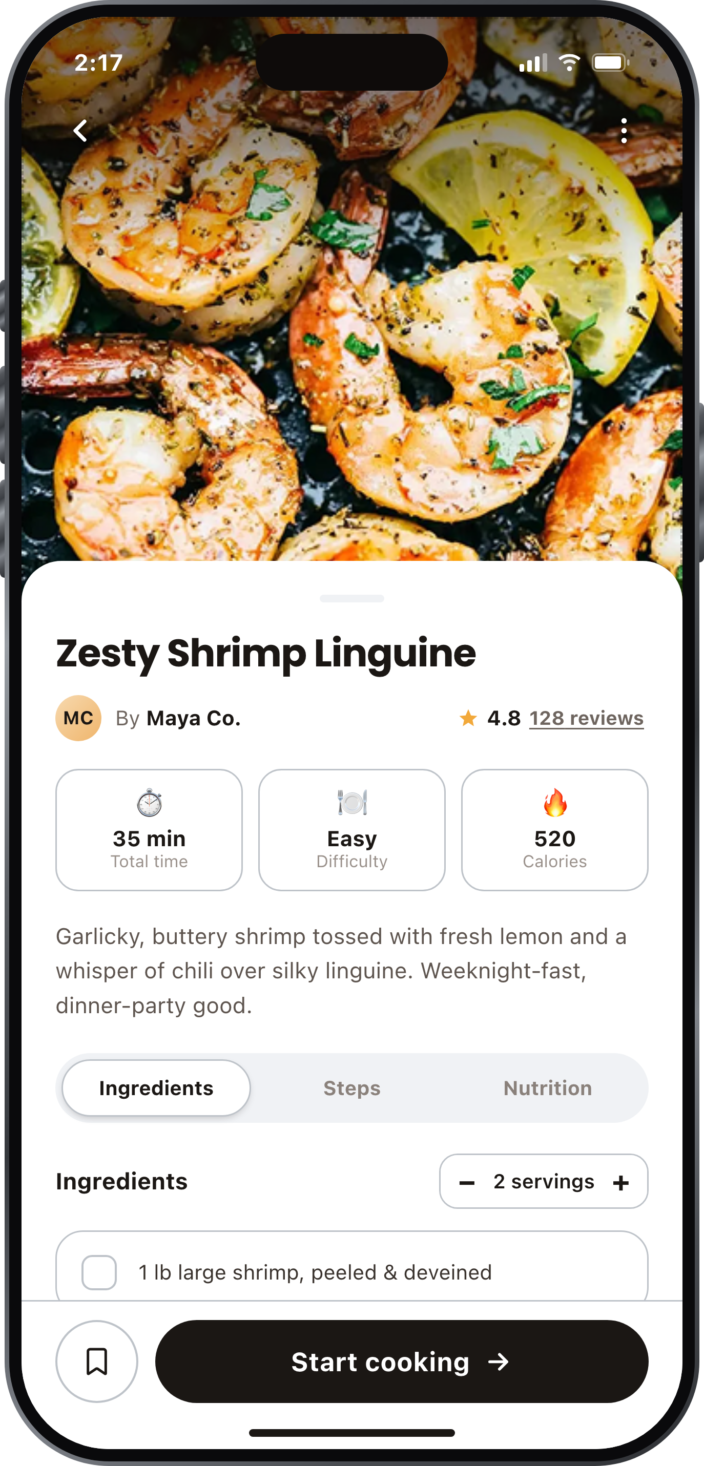 Foodfeed recipe detail screen for Zesty Shrimp Linguine with time, difficulty, calories and ingredients